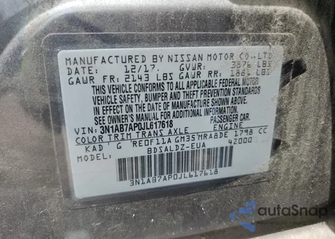 2018 Nissan Sentra S z USA, uszkodzony, nr VIN 3N1AB7AP0JL617618